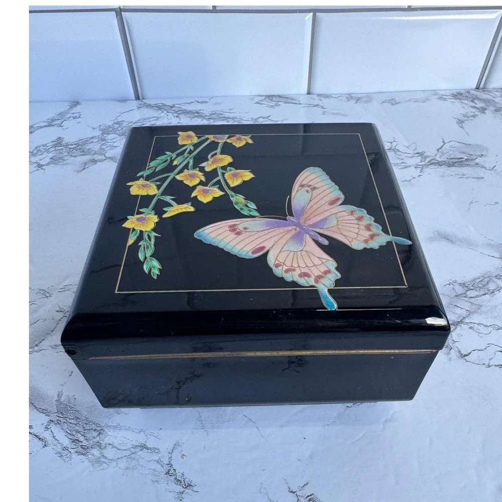 San Francisco Music Box Company Black Butterfly Floral Lacquer Jewelry Box